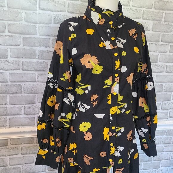 Vero Alfie Embroidered Cotton Button Up Shirt Dress Ruffle Lace Inset Sleeve 3 - Picture 3 of 8